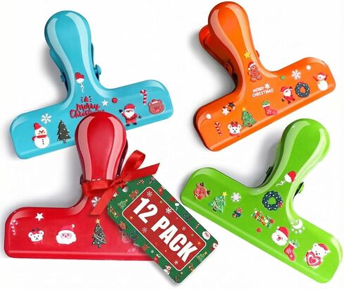 12 Pack Stainless Steel Chip Bag Clips - 4 Colors with DIY Christmas Stickers - Airtight Seal, Heavy Duty, 3 Inch, Perfect for Kitchen & Office Storage, No Sharp Edges, Fun & Functional in Saudi Arabia