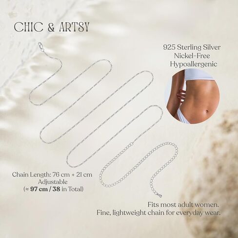 Chic & Artsy S925 Sterling Silver Belly Stain for Women - سلسلة خصر مريحة خفيفة الوزن ، سلسلة جسم بيكيني مثيرة قابلة للتعديل ، مجوهرات العطلات الساحلية in Saudi Arabia