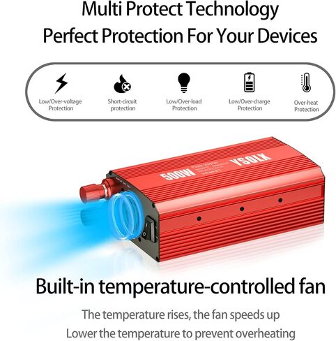 YSOLX 600W عاكس الطاقة 12V إلى 110V، DC إلى AC Car Inverter مع 65W USB-C/USB-شحن سريع (24W)/منفذ تيار متردد مزدوج، محول شاحن سيارة سريع للهاتف/الكمبيوتر المحمول/رحلة الطريق/التخييم (محدث) in Saudi Arabia