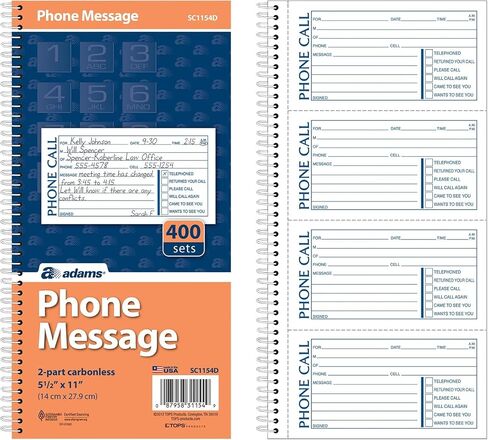 Adams Phone Message Book, 5.25 x 11 Inch, Spiral Bound, 2-Part, Carbonless, 4 Messages per Page, 400 Sets, White and Canary, 6-Pack in Saudi Arabia
