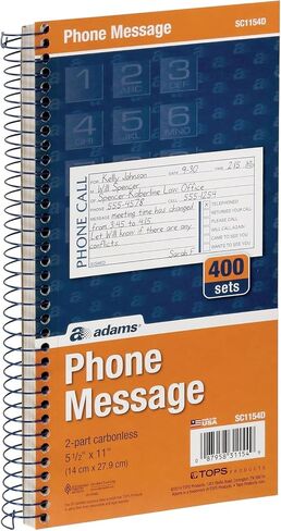 Adams Phone Message Book, 5.25 x 11 Inch, Spiral Bound, 2-Part, Carbonless, 4 Messages per Page, 400 Sets, White and Canary, 6-Pack in Saudi Arabia