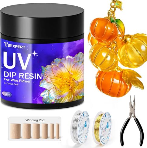 Teexpert UV Resin Dip for Wire Flowers Kit, 100g Crystal Clear UV Dip Resin with Pliers, 2Pcs 31FT Wires for Wire Shapes, Fast Cure Thick Glue for Jewelry Making, Holiday Surprise for DIY Art Crafts in Saudi Arabia