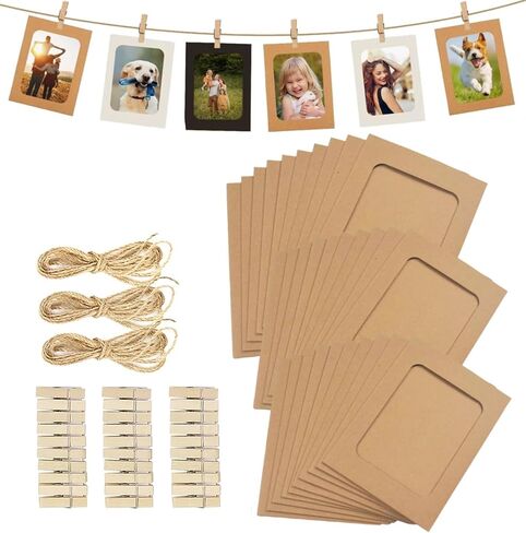 BetterJonny 30pcs Paper Photo Frames, 4 * 6 Inches Kraft Picture Frame for Home Party Office with Mini Wooden Clips and Jute Strings White/Black/Brown in Saudi Arabia