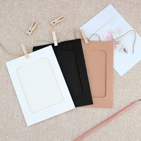 BetterJonny 30pcs Paper Photo Frames, 4 * 6 Inches Kraft Picture Frame for Home Party Office with Mini Wooden Clips and Jute Strings White/Black/Brown in Saudi Arabia