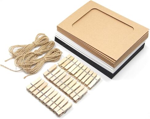 BetterJonny 30pcs Paper Photo Frames, 4 * 6 Inches Kraft Picture Frame for Home Party Office with Mini Wooden Clips and Jute Strings White/Black/Brown in Saudi Arabia