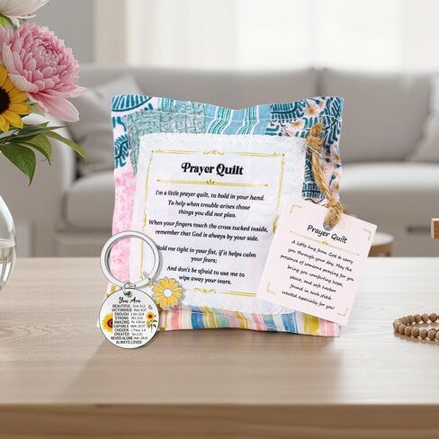 Keluna Christian Prayer Quilt with Cross Inside - Bible Prayer Quilt Squares Pocket Sunflower Christian Religious Keychains Gifts for Women Birthday Grief Comfort Sympathy Faith-Based Gift in Saudi Arabia