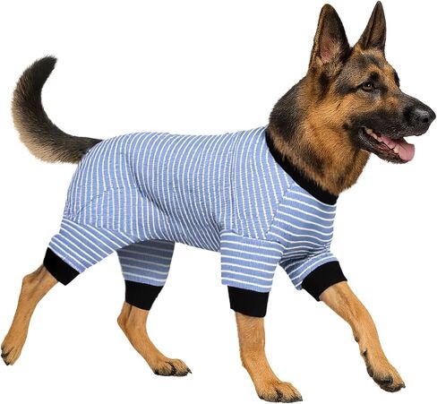 ملابس LovinPet Dog PJS للكلاب العملاقة - قميص للكلاب مخطط باللونين الأزرق والأصفر، تصميم بأربعة أرجل، تغطية كاملة للجسم، للكلاب الكبيرة، سلالات الكلاب الكبيرة، مقاس كبير in Saudi Arabia