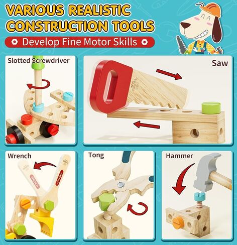 مجموعة أدوات Lehoo Castle للأطفال - مجموعة أدوات خشبية للأطفال الصغار، صندوق أدوات اللعب التظاهري الخشبي من مونتيسوري، ألعاب STEM لهدايا الصبي البالغ من العمر عامين، ألعاب تطوير التعلم لعمر 2 3 4 5 سنوات in Kuwait