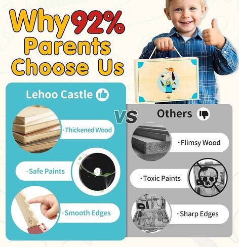 مجموعة أدوات Lehoo Castle للأطفال - مجموعة أدوات خشبية للأطفال الصغار، صندوق أدوات اللعب التظاهري الخشبي من مونتيسوري، ألعاب STEM لهدايا الصبي البالغ من العمر عامين، ألعاب تطوير التعلم لعمر 2 3 4 5 سنوات in Kuwait