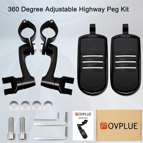 FOVPLUE 1.25" /32mm Highway Foot Pegs w/360° Adjustable Long Mounts Universal for Harley Touring Street Glide/Road Glide/Electric Glide/Road King Indian Motorcycle w/1-1/4" Crash Bar,BLACK#13 in Saudi Arabia