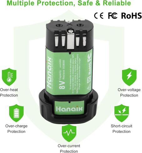Hanaix 2000mAh 8V بطارية ليثيوم أيون استبدال لديوالت DCB080 DW4390 DCF680 DCF680N1 DCF680N2 DCF680G2 DCF682 DCL023 DCB095 in Kuwait