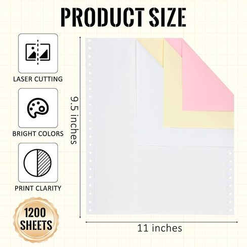 Marspark 3600 ورقة ورق كمبيوتر مستمر بدون كربون، 9.5 × 11 بوصة ورق نسخ مثقوب 3 أجزاء للطابعة النقطية، أبيض/أصفر/وردي، 1200 مجموعة in Kuwait