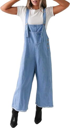 Denim Overalls for Women Jean Bib Wide Leg Raw Hem Button Adjustable Straps Loose Fit Baggy Jumpsuit Jumpers in Saudi Arabia
