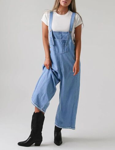 Denim Overalls for Women Jean Bib Wide Leg Raw Hem Button Adjustable Straps Loose Fit Baggy Jumpsuit Jumpers in Saudi Arabia