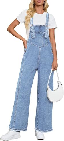 Denim Overalls for Women Jean Bib Wide Leg Raw Hem Button Adjustable Straps Loose Fit Baggy Jumpsuit Jumpers in Saudi Arabia