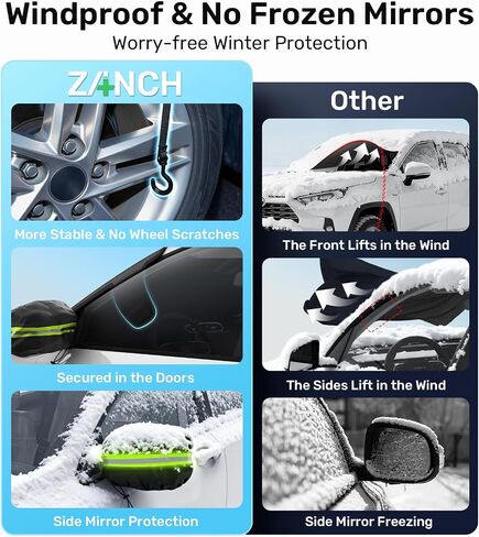 Zanch Windshield Cover for Ice and Snow [3-Second Snow Removal & 7-Layer Full Coverage] 6-Point Snowproof Fixation & Reflective Mirror Covers, Fits Sedans and Compact SUVs M (62'' x 49'') in Saudi Arabia