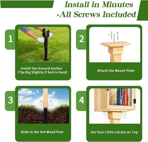 Little Library Mount Kit – No-Dig Ground Anchor, Waterproof 4x4x31.5" Wood Post & Bracket, Easy Setup for Outdoor Use, Supports All Sizes of Little Libraries, Perfect for Community Sharing in Kuwait
