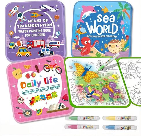 Water Painting Book for Kids - 4 Pack Magic Water Coloring Book with Water Pen Themes - Mess Free Water Art Book for Toddlers,No Mess Paint Coloring & Reusable Fun for Ages 3+ Travel Activity Toys in Saudi Arabia