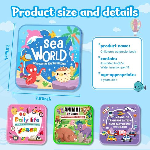 Water Painting Book for Kids - 4 Pack Magic Water Coloring Book with Water Pen Themes - Mess Free Water Art Book for Toddlers,No Mess Paint Coloring & Reusable Fun for Ages 3+ Travel Activity Toys in Saudi Arabia