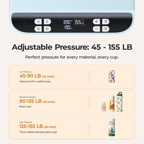 HTVRONT Auto Tumbler Heat Press - A200 Tumbler Heat Press Machine، ضغط قابل للتعديل ومرفق لوحة تسخين قابلة للتحويل، 4 أوضاع ذاكرة لـ 15 أونصة، 16 أونصة، 20 أونصة، أكواب وأكواب 30 أونصة، أزرق in Kuwait
