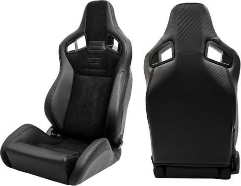 IKON MOTORSPORTS، مقاعد سباق عالمية مع منزلقات مزدوجة، جلد PU أسود مثقوب وقابل للتعديل، جلد سويدي أمامي وظهر من الجلد الكربوني، شريط أصفر، مقاعد رياضية، زوج واحد للسائق + جانب الراكب in Kuwait