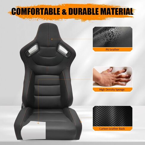 Universal Racing Seats, Adjustable Reclining Bucket Seats with Dual Slider, PU & Carbon Leather Sport Seat for Driver and Passenger Side, 1 Pair, Black Diamond Stitch-Thick Seat Base in Saudi Arabia