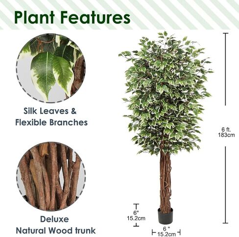 plant Artificial Ficus Tree 6ft in Pot Fake Silk Plant Green Red Leaves Natural Trunk for Indoor Outdoor Home Garden Decor in Saudi Arabia