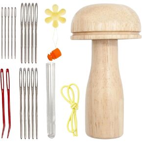 Darning Mushroom Kit, Wood Darning Mushroom with Darning Thread and Needle Cute Wooden Mushroom Darner Needle Patch Holes for Darning Socks, Hats, DIY Sewing Crafts (2Pcs Mushroom Set)
