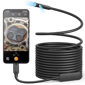 كاميرا المنظار بعدسة مزدوجة، Anykit 1.0MP Borescope مع 8 مصابيح LED، منظار داخلي مع كاميرا ثعبان شبه صلبة بطول 16.5 قدم، كاميرا فحص مقاومة للماء IP67 لهواتف iPhone وiPad وOTG Android