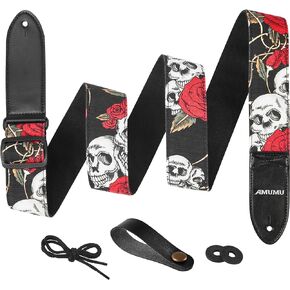 Amumu Guitar Strap with Skull and Rose Design - Extra-Long Leather Ends, Ideal for Electric and Acoustic Guitars, Bass Accessories