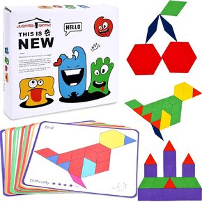 LovesTown 150PCS Wooden Pattern Blocks, Geometric Shapes Blocks Tangram Puzzles for Kids with Challenge Cards Educational Toys