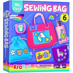 KRAFUN My First Sewing Bag Kit Arts & Crafts for Beginner Kids, 6 Easy DIY Sewing Handbag Pouch Sleeve Projects of Animal Theme, Instructions Learn to Sew & Felt Embroidery, Gift for Girls, Boys