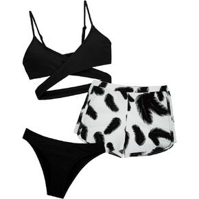 Happy Cherry Girls 3 Piece Swimsuit Set Cute Criss Cross Bikini with Tropical Print Shorts Bathing Suit 8-14 Years
