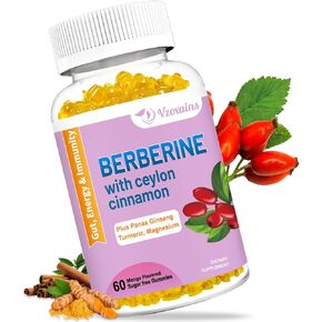 2 Pack Berberine with Ceylon Cinnamon Gummies, 2000mg High Potency Berberine HCI Supplement, Sugar Free,Vegan,Immune Health Support, 120 Natural Mango Flavored Gummies