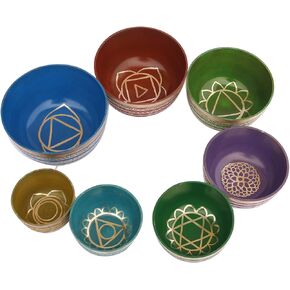 Khusi Tibetan Singing Bowl Set of 7, Handmade, 7 Colors Singing Bowl, Chakra healing, Relaxation, Stress Relief and Spiritual Singing Bowl, Comes w/silk cushions, 4 sticks and Brocade Box