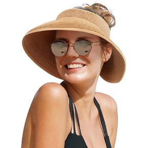 Beach Sun Hats for Women, Straw Hat for Women UPF 50+ UV Sun Protection Summer Hat Foldable Roll up Cap