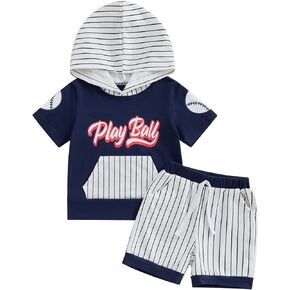 Ledy Champswiin Toddler Baby Boy Baseball Outfits, Short Sleeve Letter Print Hoodie Top and Shorts Set Summer Clothes
