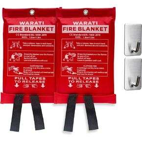 WARATI Pack 2 Fire Blankets with 2 Hooks Emergency Fire Blanket for Home Kitchen Camping Fire Extinguishers for House Protection Fiberglass Fireproof Blanket Fire Retardant Blanket Grease Tarp