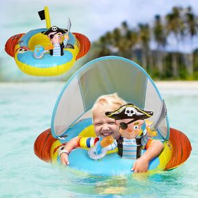 Baby Pool Float with UPF 50+ Canopy,Pirate Ship Shaped with Cartoon Pirate Captain & Water Gun,Babies Swim Float Boat for Toddler Infant Swim Ring Pool Spring Floaties Summer Beach Outdoor Play