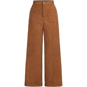 WDIRARA Girl's Solid Corduroy Wide Leg Pants Button Front Zipper Straight Pants with Pockets