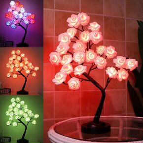Tabletop Bonsai Tree Colorful 18" 24 LED Rose Flower Tree with 18 Colors Changing, Table Lamp for Girls Teens, Multi Color Light Decorative Desk Tree for Home Party Wedding Bedroom