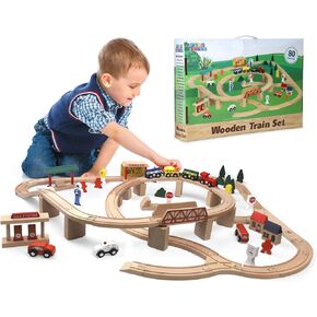 Play Build Wooden Train Set, Complete Toddler Train Set, Interactive Play & Learn Set, Creative Wooden Train Track Design, Premium Quality, Ages 3+ (100 Piece Set)
