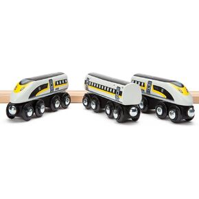 maxim enterprise, inc. Wooden Bullet Train, Wooden Train Set of 2 Modern Engines 1 Sleek Passenger Car with Magnetic Connectors, Compatible with Thomas & Friends, BRIO, Other Major Brands