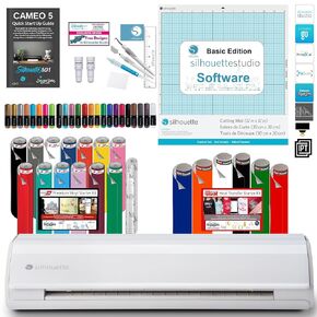 Silhouette America Silhouette Cameo 5 Bundle with Vinyl Starter Kit, Heat Transfer Starter Kit, 24 Pack of Pens, Tool Kit, Cameo 5 Start Up Guide with Extra Designs (White)