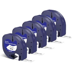 LT100H LT100T QX50 Letratag Label Maker Refills Replacement for Dymo 91331 S0721660 White Plastic Labeling Tape 12mm x 4m (1/2" x 13') ，5 Pack
