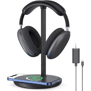 Headphone Stand with Wireless Charger, Gaming Headset Holder Hanger Rack 2 IN 1 Wireless Charging Station Dock for iPhone 15/14/13/12/11 Series, Samsung, AirPods Pro/3/2 and Desk All Headphones, White