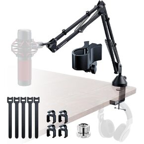 Boom Arm Micophone, Mic Arm Desk Mount Foldable with 3/8'' to 5/8'' Screw Adapter Adjustable Mic Stand for Podcasting Gaming Recording - White