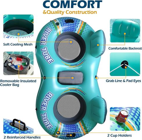 Jasonwell Inflatable River Tube Float - 2 Person Heavy Duty River Float Pool Floats with Removable Cooler Lake Water Tubes for Floating River Raft Lounge Floatie with 2 Cup Holders for Adults in Saudi Arabia