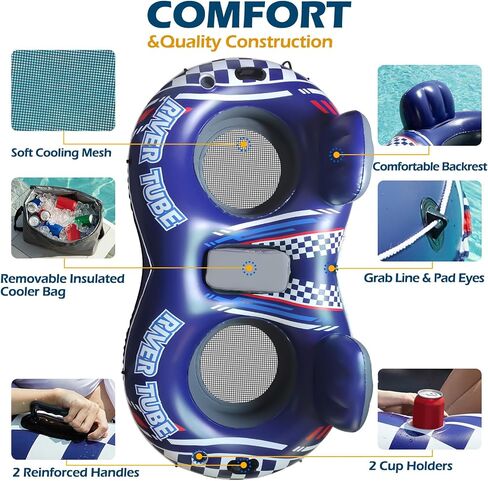 Jasonwell Inflatable River Tube Float - 2 Person Heavy Duty River Float Pool Floats with Removable Cooler Lake Water Tubes for Floating River Raft Lounge Floatie with 2 Cup Holders for Adults in Saudi Arabia