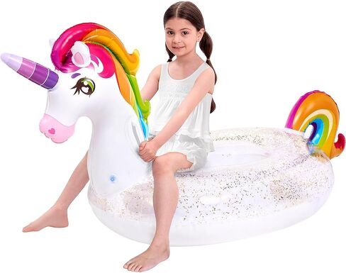JOYIN Unicorn Pool Float Kids - Inflatable Rainbow Unicorn Floaty with Glitters Fun Pool Floats, Ride On Unicorn Beach Lake Floaties Raft Lounge, Party in Summer Decorations Pool Toys for Kids in Saudi Arabia